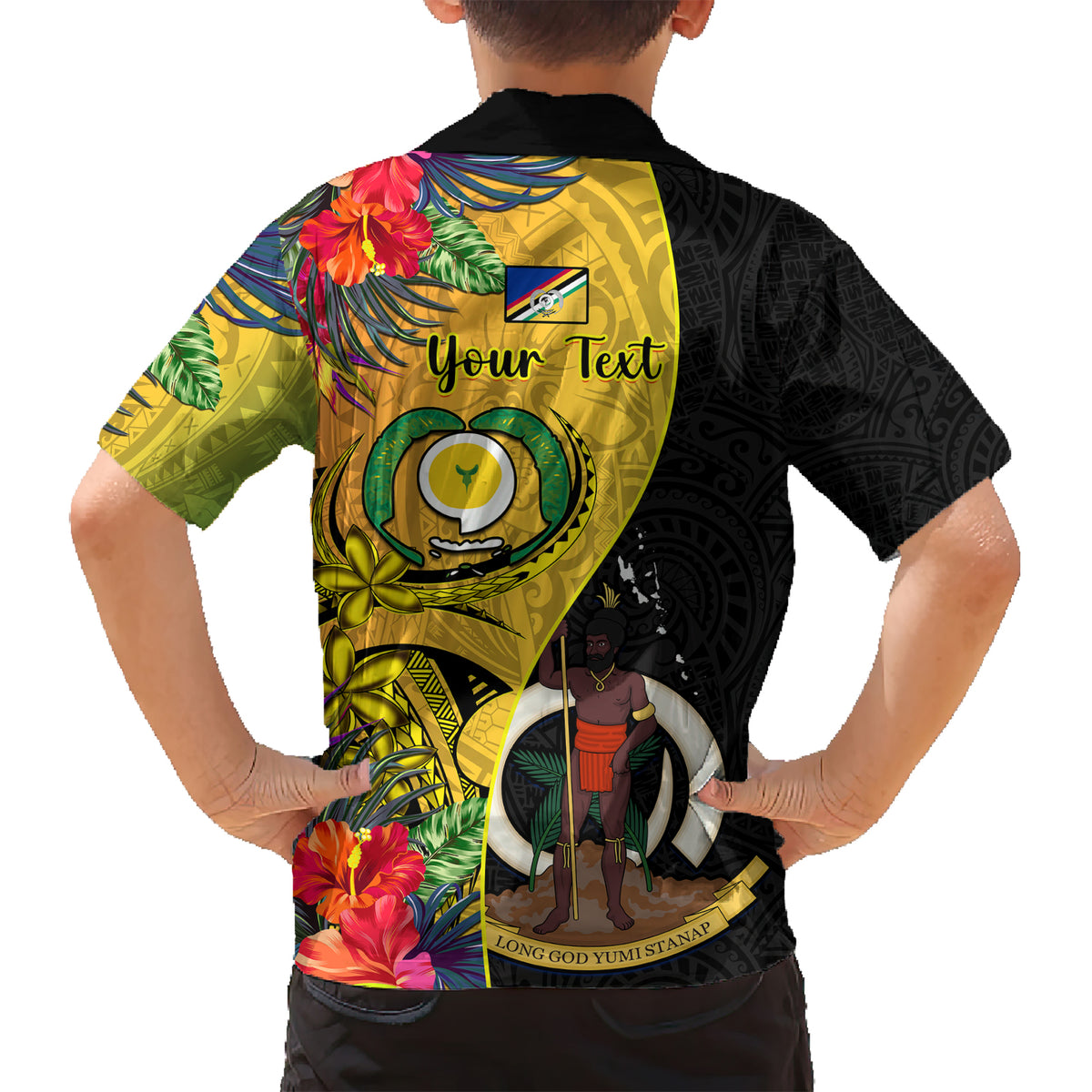 personalised-vanuatu-torba-day-kid-hawaiian-shirt-coat-of-arms-mix-tropical-flowers