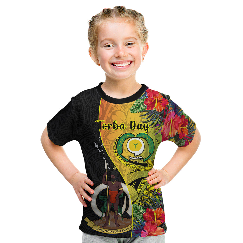 Personalised Vanuatu Torba Day Kid T Shirt Coat Of Arms Mix Tropical Flowers LT14 Black - Polynesian Pride