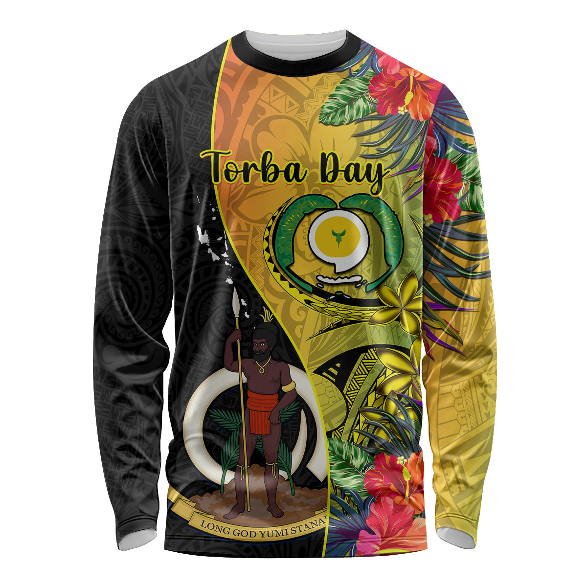 personalised-vanuatu-torba-day-long-sleeve-shirt-coat-of-arms-mix-tropical-flowers