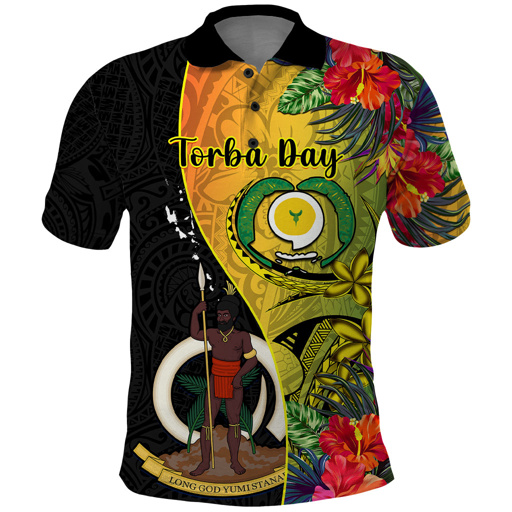 Personalised Vanuatu Torba Day Polo Shirt Coat Of Arms Mix Tropical Flowers LT14 Black - Polynesian Pride