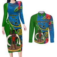 Vanuatu Malampa Day Couples Matching Long Sleeve Bodycon Dress and Long Sleeve Button Shirts Coat Of Arms Mix Tropical Flowers LT14 Green - Polynesian Pride
