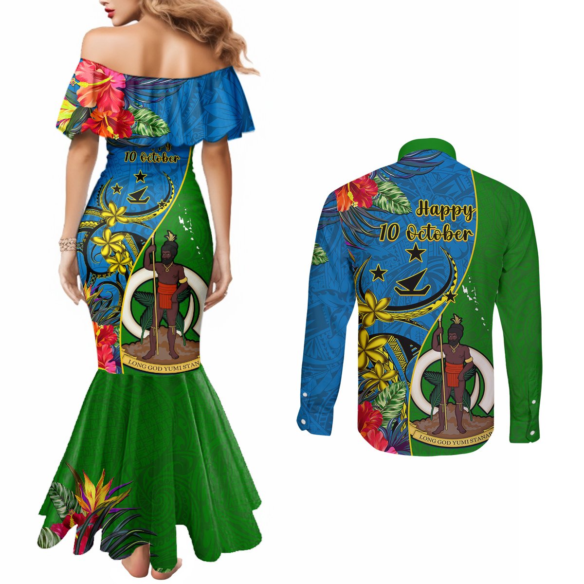 Vanuatu Malampa Day Couples Matching Mermaid Dress and Long Sleeve Button Shirts Coat Of Arms Mix Tropical Flowers LT14 - Polynesian Pride