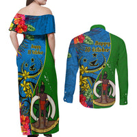 Vanuatu Malampa Day Couples Matching Off Shoulder Maxi Dress and Long Sleeve Button Shirts Coat Of Arms Mix Tropical Flowers LT14 - Polynesian Pride