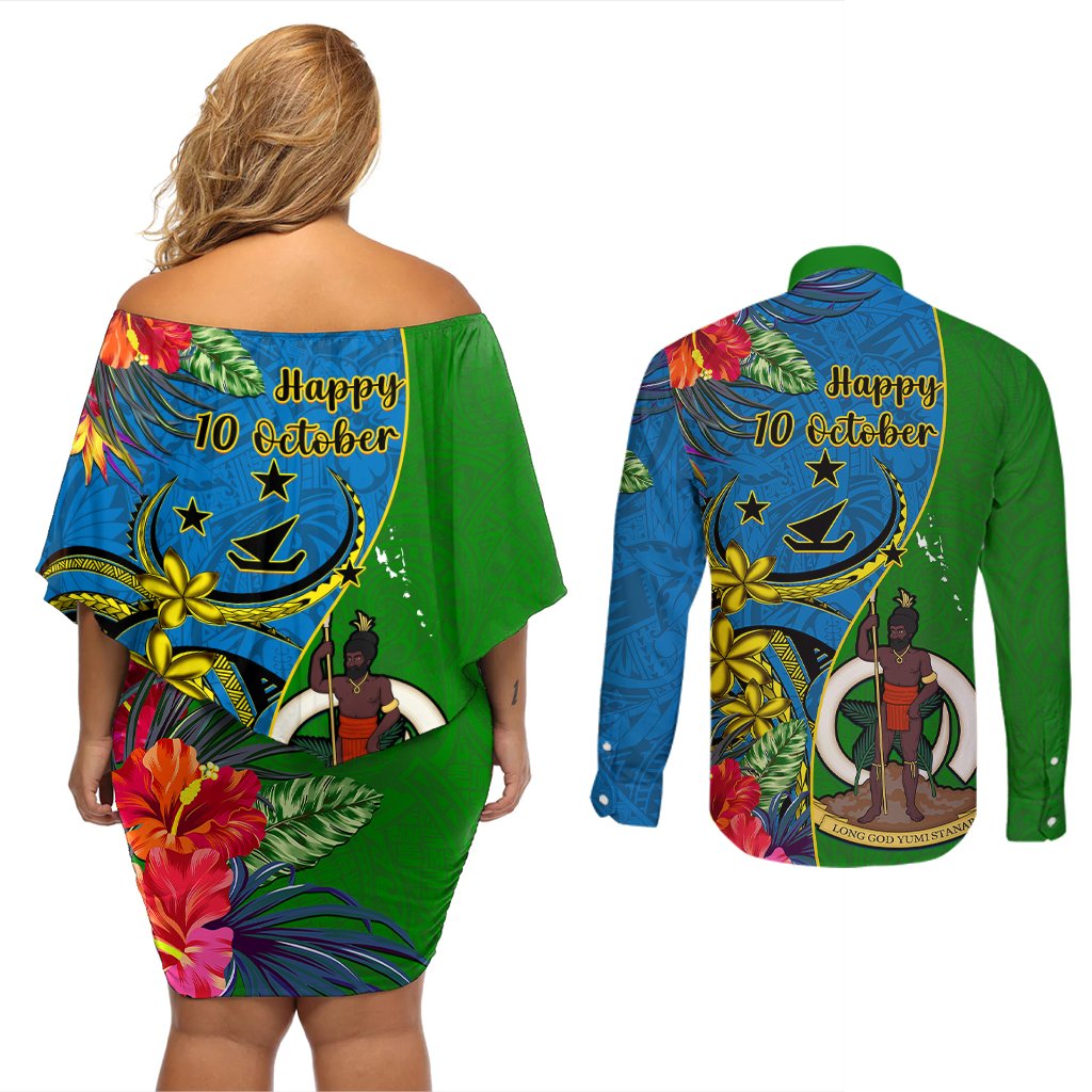 Vanuatu Malampa Day Couples Matching Off Shoulder Short Dress and Long Sleeve Button Shirts Coat Of Arms Mix Tropical Flowers LT14 - Polynesian Pride