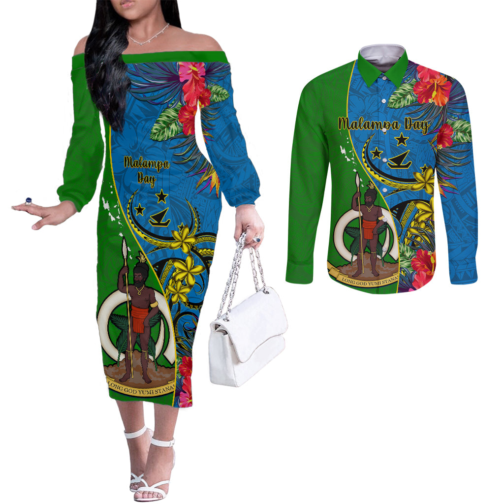 Vanuatu Malampa Day Couples Matching Off The Shoulder Long Sleeve Dress and Long Sleeve Button Shirts Coat Of Arms Mix Tropical Flowers LT14 Green - Polynesian Pride