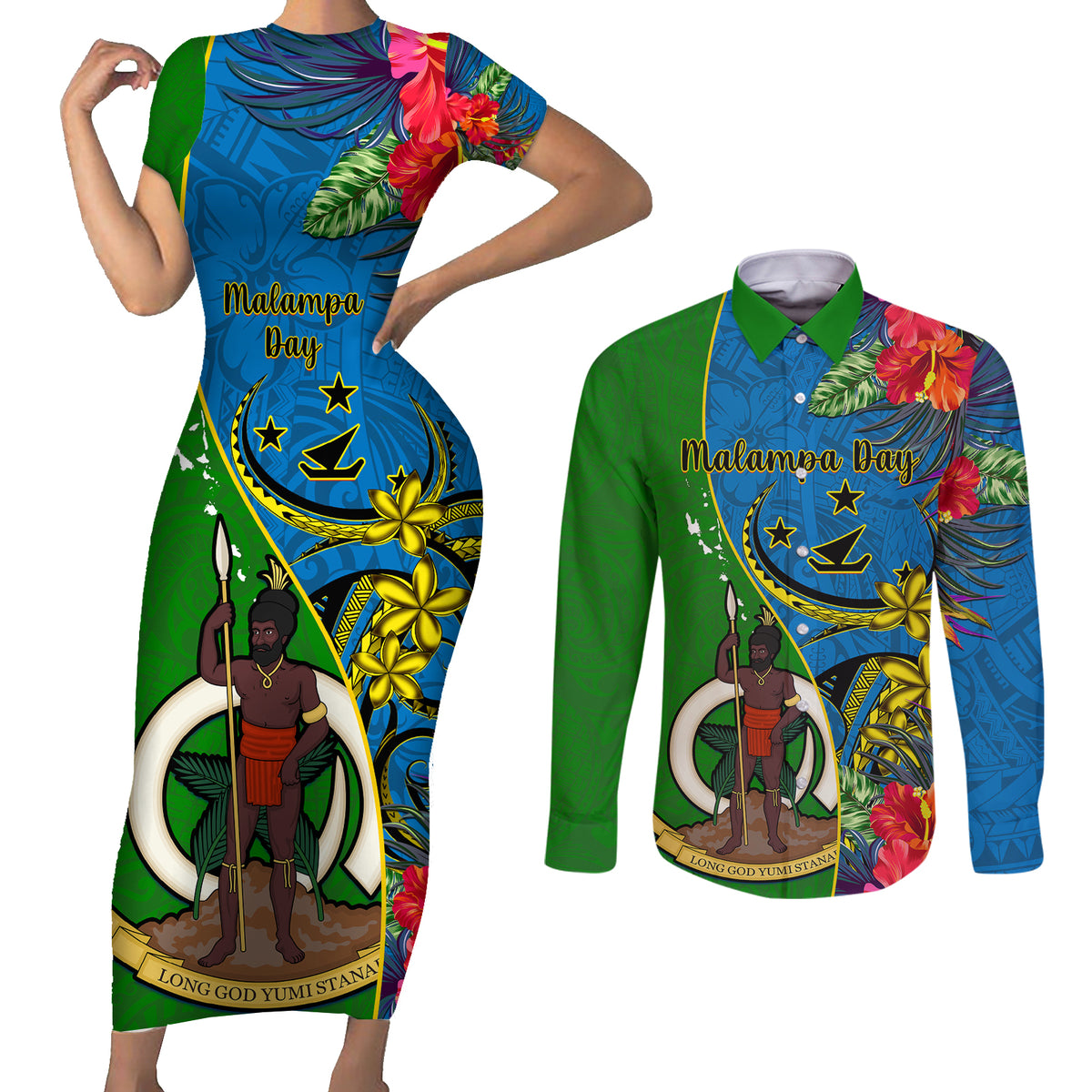 Vanuatu Malampa Day Couples Matching Short Sleeve Bodycon Dress and Long Sleeve Button Shirts Coat Of Arms Mix Tropical Flowers LT14 Green - Polynesian Pride