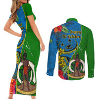 Vanuatu Malampa Day Couples Matching Short Sleeve Bodycon Dress and Long Sleeve Button Shirts Coat Of Arms Mix Tropical Flowers LT14 - Polynesian Pride