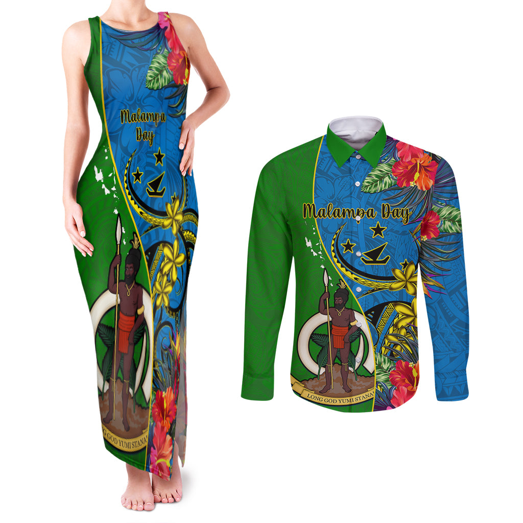 Vanuatu Malampa Day Couples Matching Tank Maxi Dress and Long Sleeve Button Shirts Coat Of Arms Mix Tropical Flowers LT14 Green - Polynesian Pride