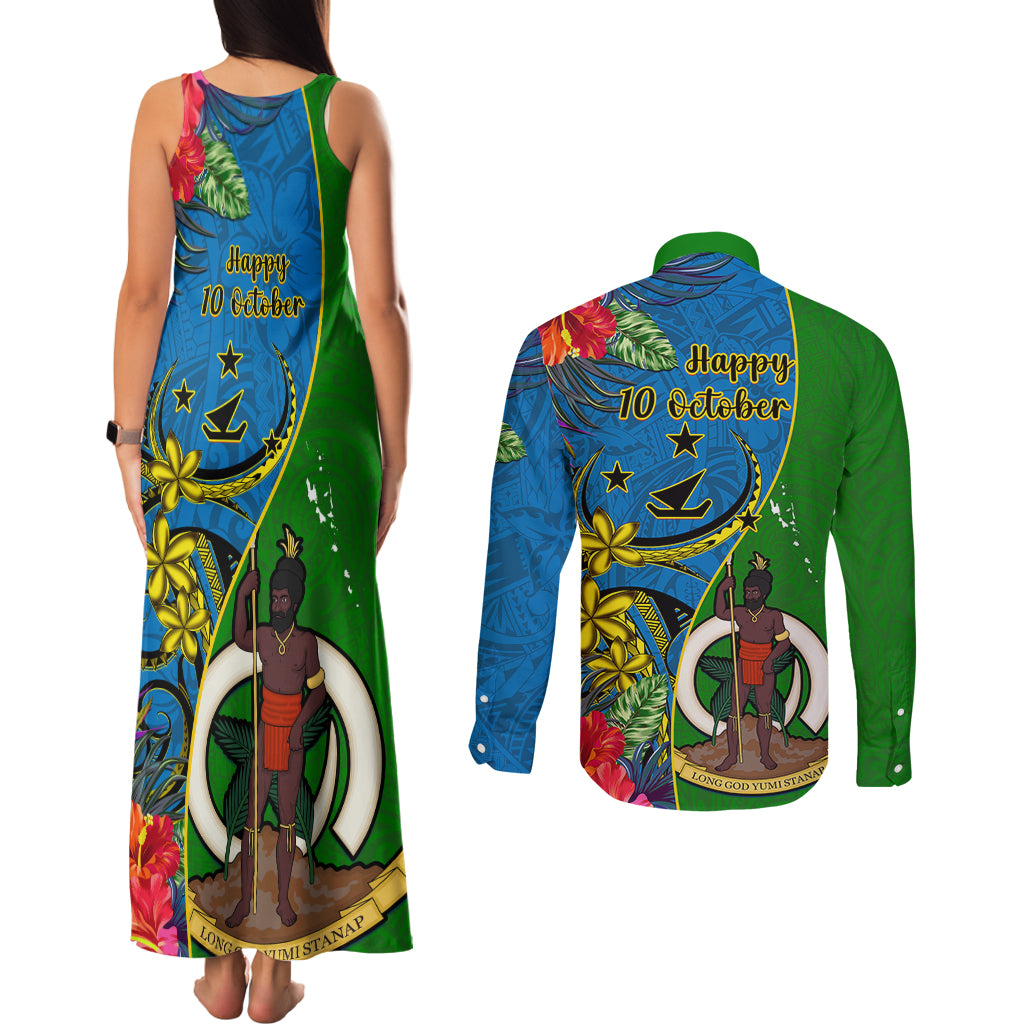 Vanuatu Malampa Day Couples Matching Tank Maxi Dress and Long Sleeve Button Shirts Coat Of Arms Mix Tropical Flowers LT14 - Polynesian Pride