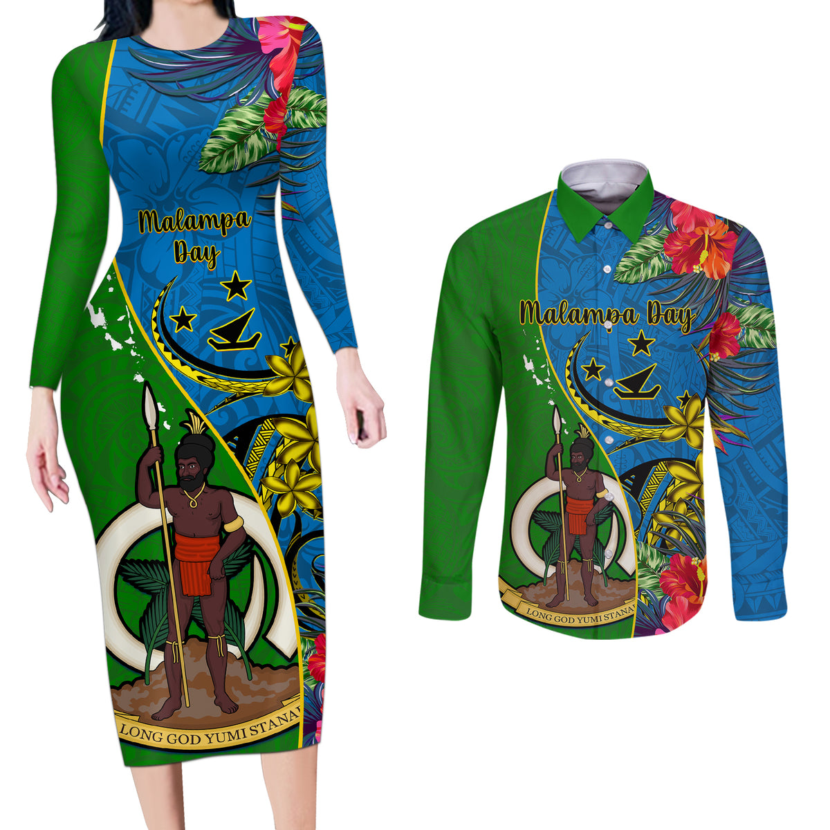 Personalised Vanuatu Malampa Day Couples Matching Long Sleeve Bodycon Dress and Long Sleeve Button Shirts Coat Of Arms Mix Tropical Flowers LT14 Green - Polynesian Pride