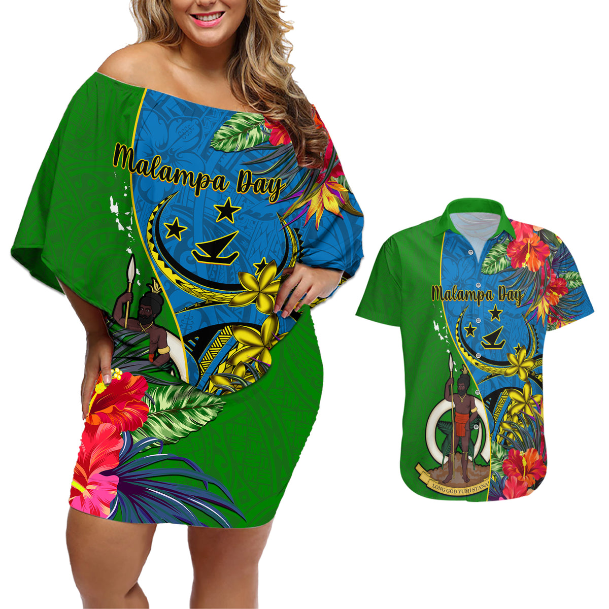 personalised-vanuatu-malampa-day-couples-matching-off-shoulder-short-dress-and-hawaiian-shirt-coat-of-arms-mix-tropical-flowers
