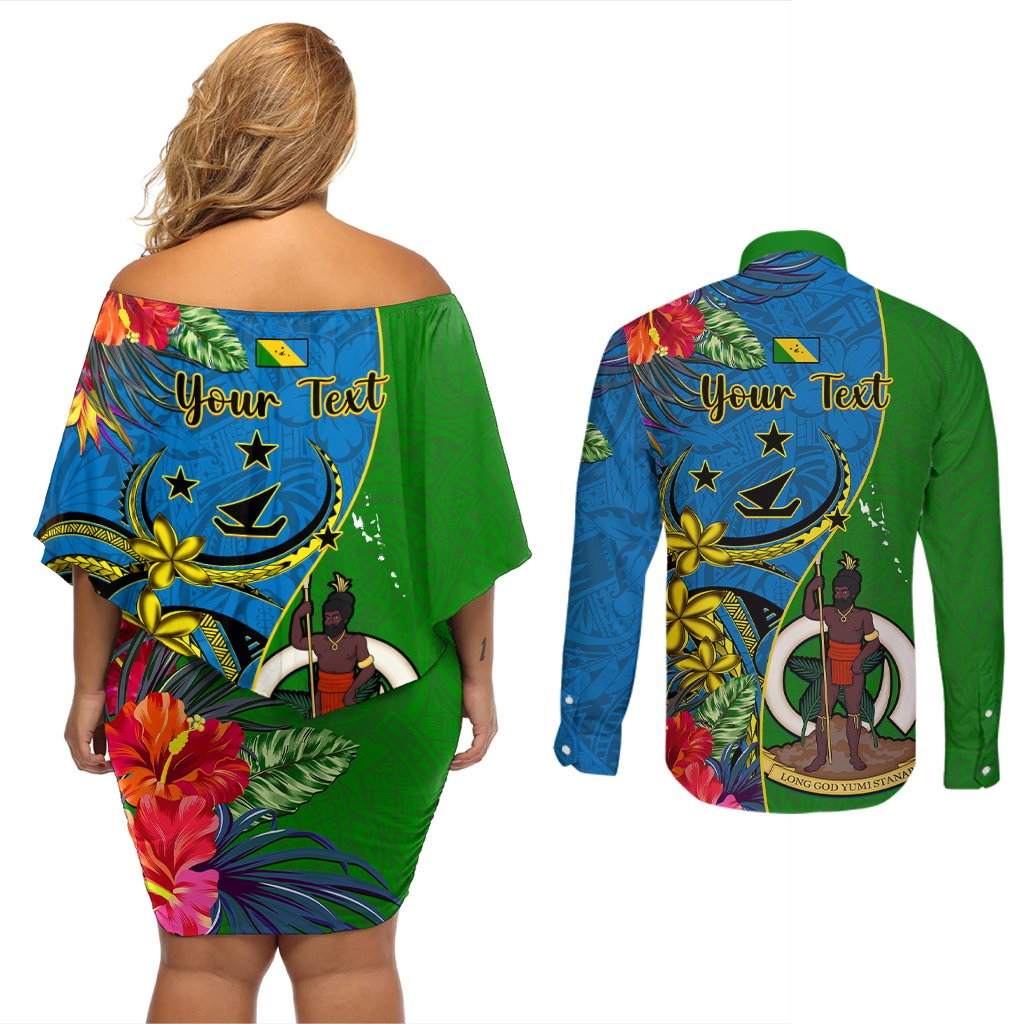 Personalised Vanuatu Malampa Day Couples Matching Off Shoulder Short Dress and Long Sleeve Button Shirts Coat Of Arms Mix Tropical Flowers LT14 - Polynesian Pride