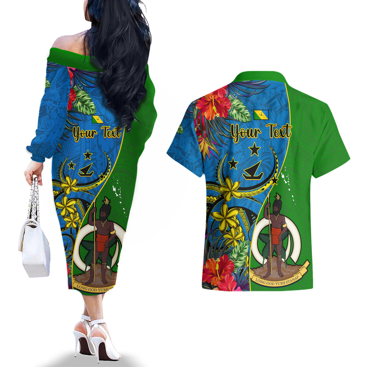 personalised-vanuatu-malampa-day-couples-matching-off-the-shoulder-long-sleeve-dress-and-hawaiian-shirt-coat-of-arms-mix-tropical-flowers
