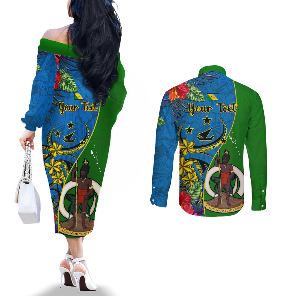 Personalised Vanuatu Malampa Day Couples Matching Off The Shoulder Long Sleeve Dress and Long Sleeve Button Shirts Coat Of Arms Mix Tropical Flowers LT14 - Polynesian Pride