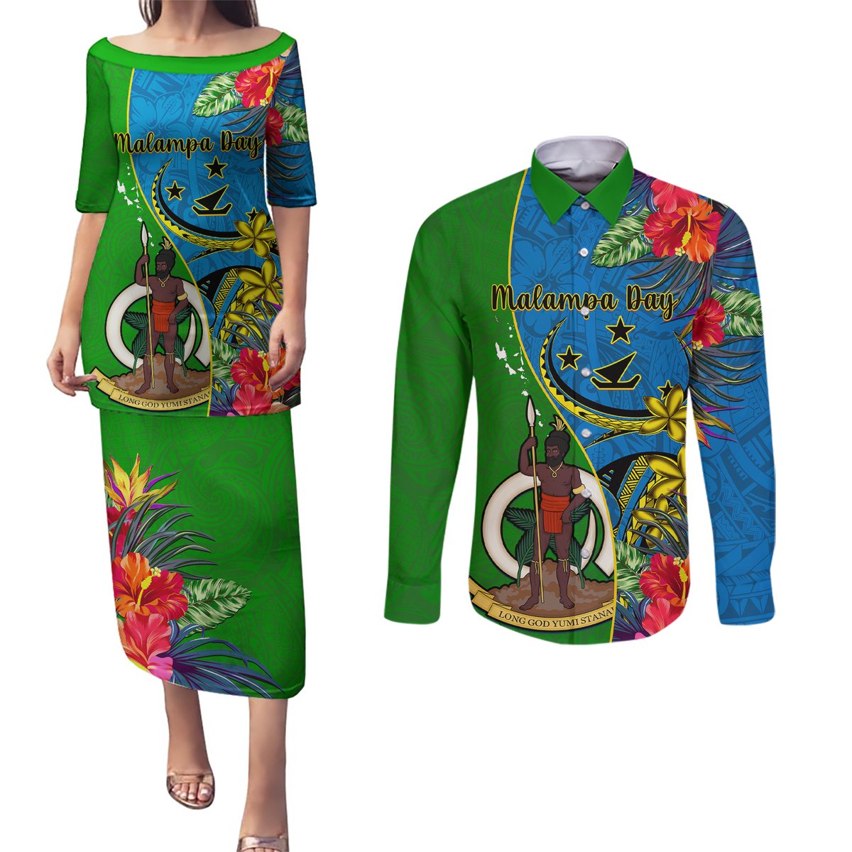 Personalised Vanuatu Malampa Day Couples Matching Puletasi Dress and Long Sleeve Button Shirts Coat Of Arms Mix Tropical Flowers LT14 Green - Polynesian Pride