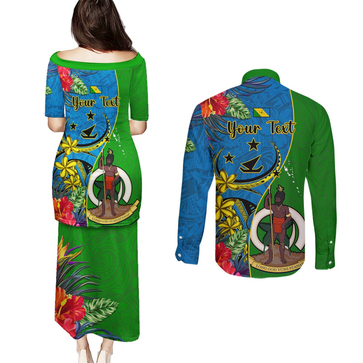 Personalised Vanuatu Malampa Day Couples Matching Puletasi Dress and Long Sleeve Button Shirts Coat Of Arms Mix Tropical Flowers LT14 - Polynesian Pride