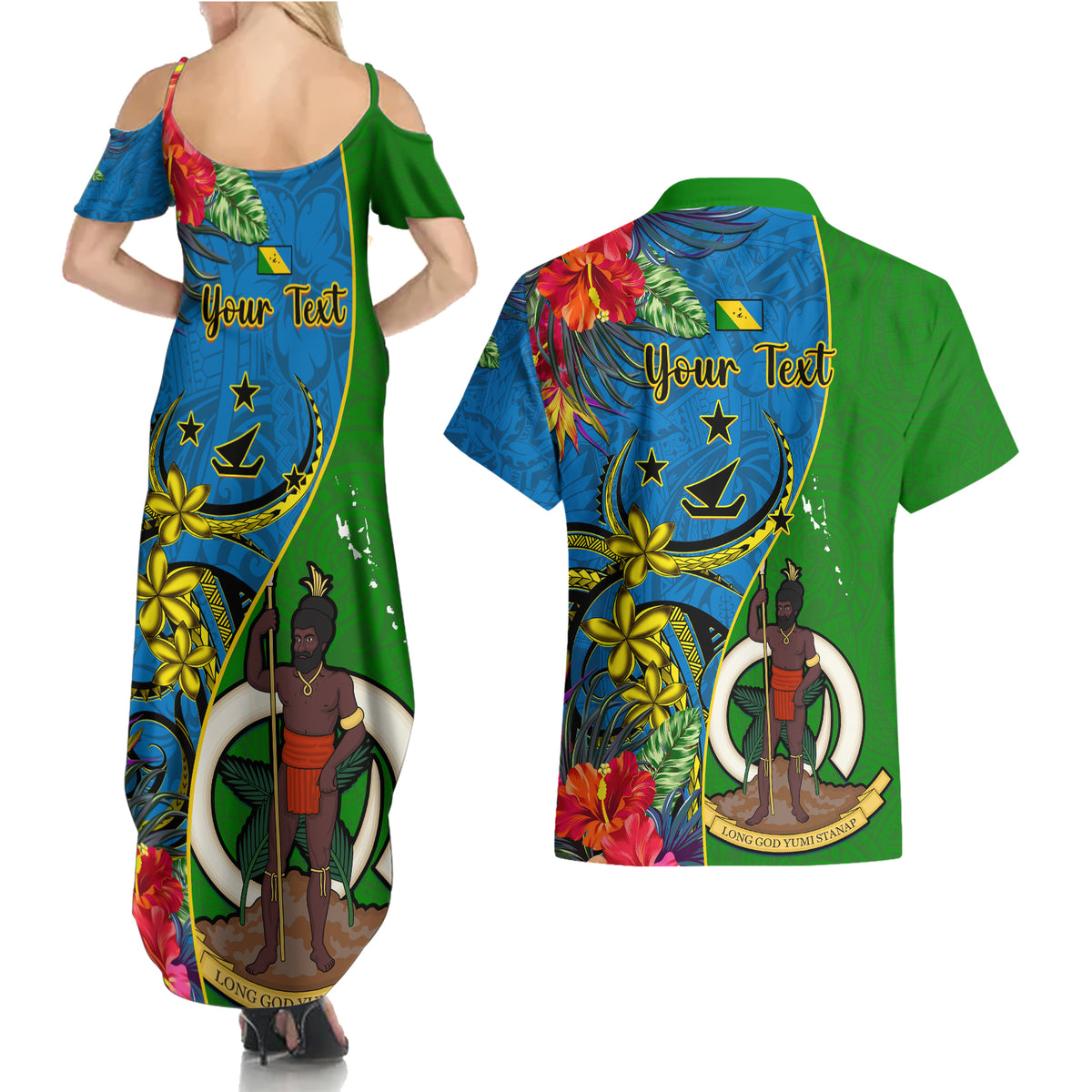personalised-vanuatu-malampa-day-couples-matching-summer-maxi-dress-and-hawaiian-shirt-coat-of-arms-mix-tropical-flowers
