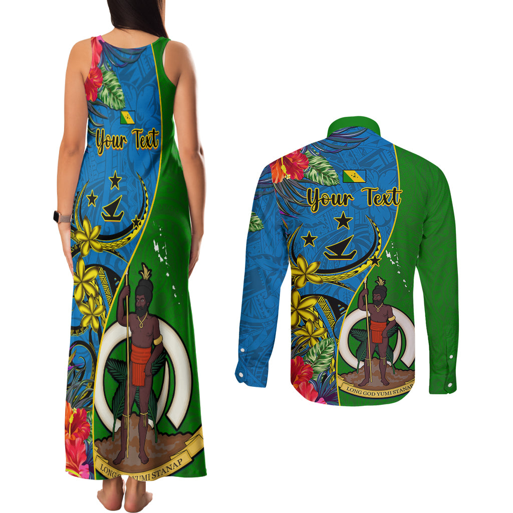 Personalised Vanuatu Malampa Day Couples Matching Tank Maxi Dress and Long Sleeve Button Shirts Coat Of Arms Mix Tropical Flowers LT14 - Polynesian Pride