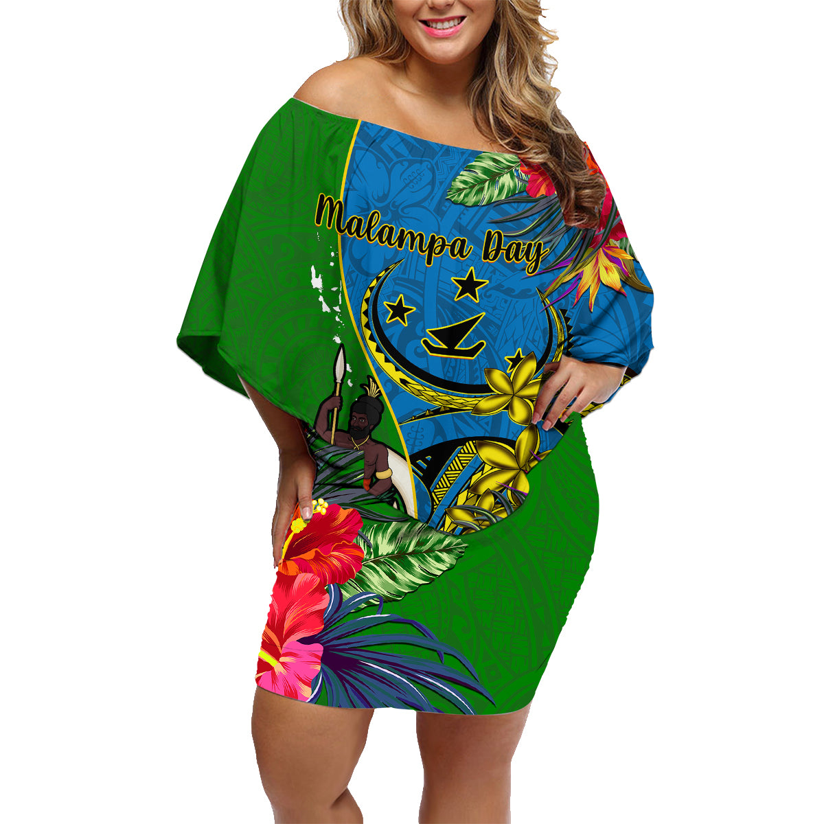 personalised-vanuatu-malampa-day-family-matching-off-shoulder-short-dress-and-hawaiian-shirt-coat-of-arms-mix-tropical-flowers