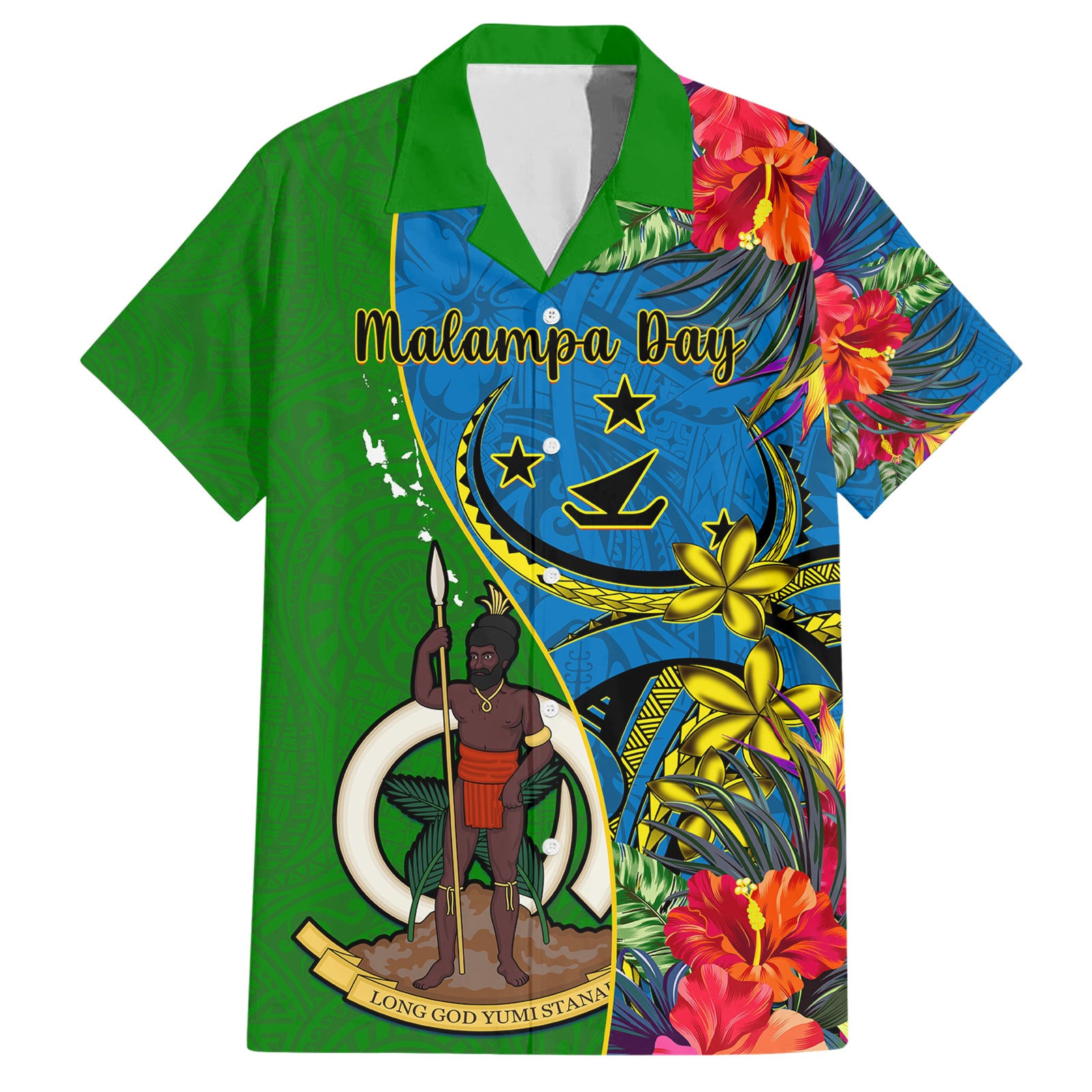 personalised-vanuatu-malampa-day-hawaiian-shirt-coat-of-arms-mix-tropical-flowers