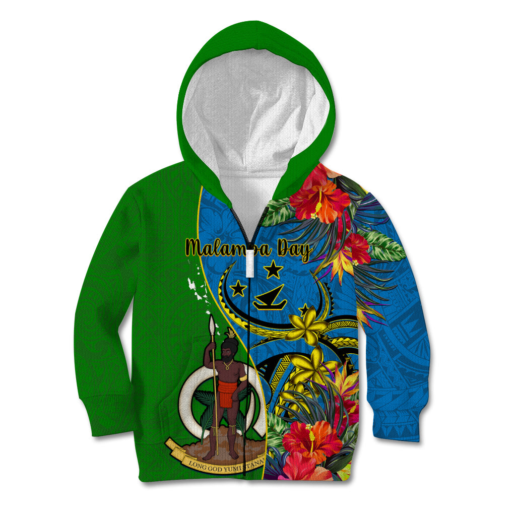 Personalised Vanuatu Malampa Day Kid Hoodie Coat Of Arms Mix Tropical Flowers LT14 Zip Hoodie Green - Polynesian Pride