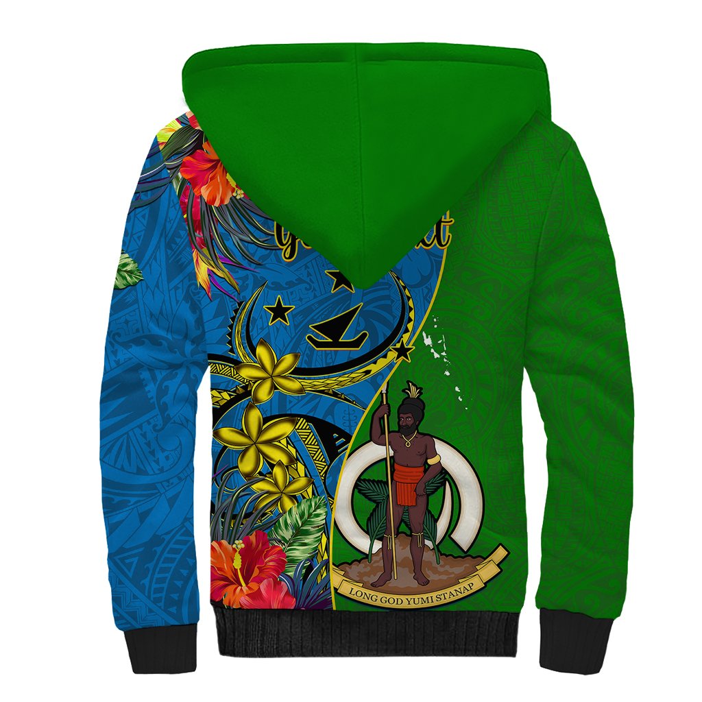 Personalised Vanuatu Malampa Day Sherpa Hoodie Coat Of Arms Mix Tropical Flowers LT14 - Polynesian Pride
