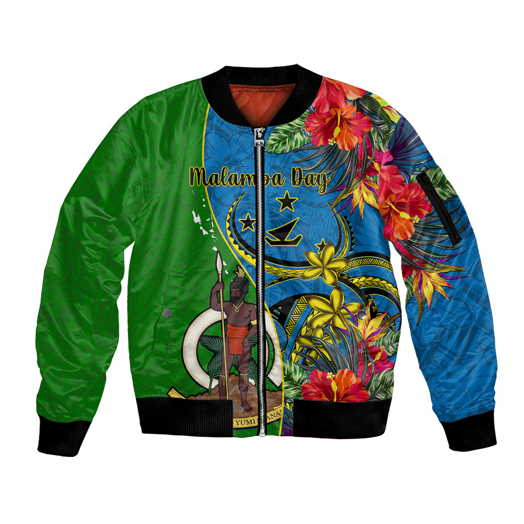 Personalised Vanuatu Malampa Day Sleeve Zip Bomber Jacket Coat Of Arms Mix Tropical Flowers LT14 Unisex Green - Polynesian Pride