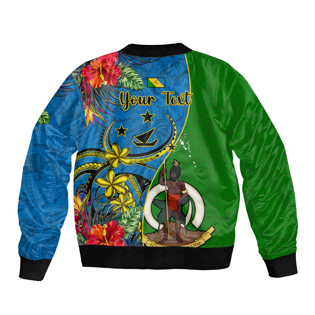 Personalised Vanuatu Malampa Day Sleeve Zip Bomber Jacket Coat Of Arms Mix Tropical Flowers LT14 - Polynesian Pride