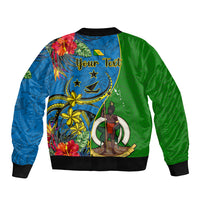 Personalised Vanuatu Malampa Day Sleeve Zip Bomber Jacket Coat Of Arms Mix Tropical Flowers LT14 - Polynesian Pride