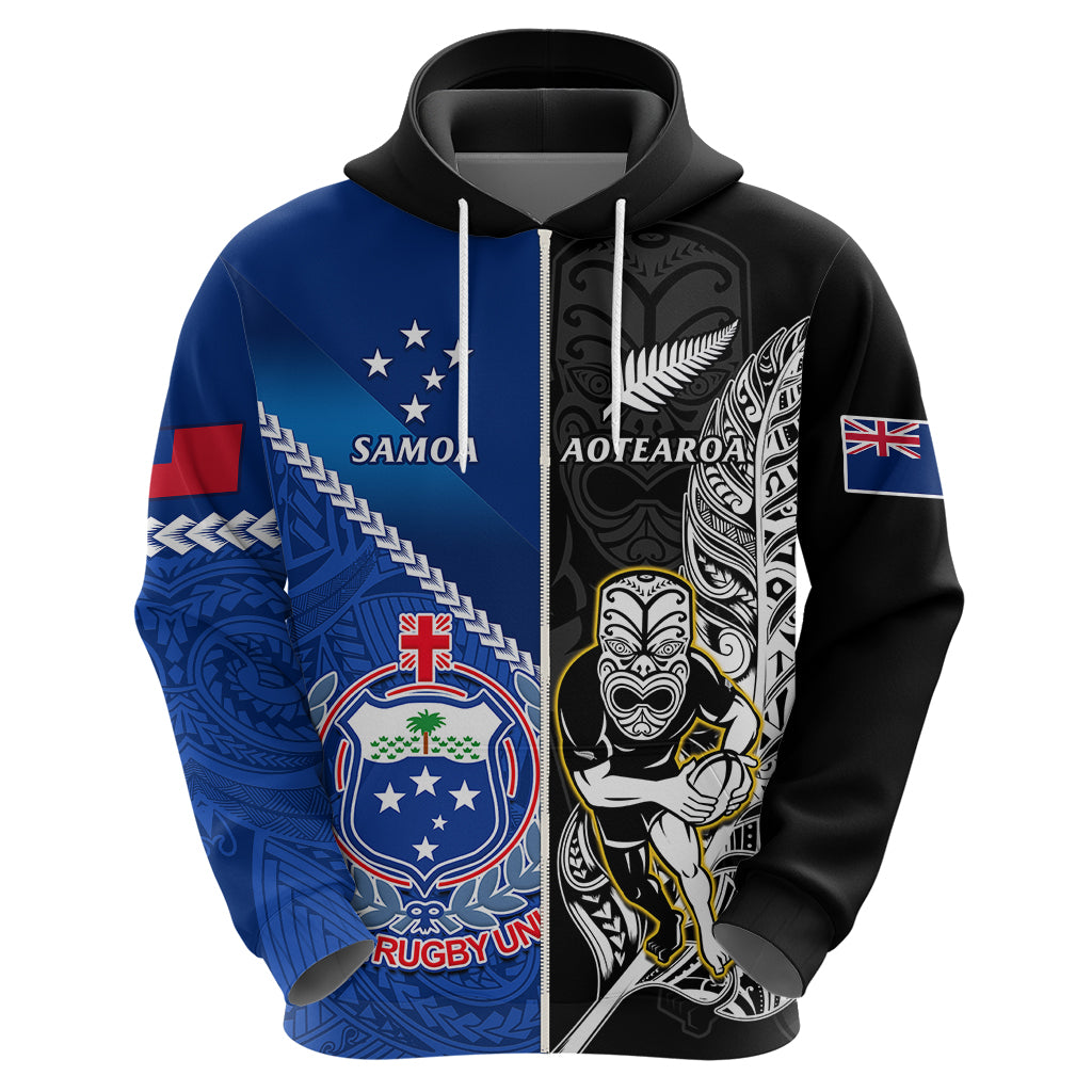 Custom New Zealand And Samoa Rugby Hoodie All Black Tiki Fern Mix Manu Samoa 2023 World Cup LT14 - Polynesian Pride