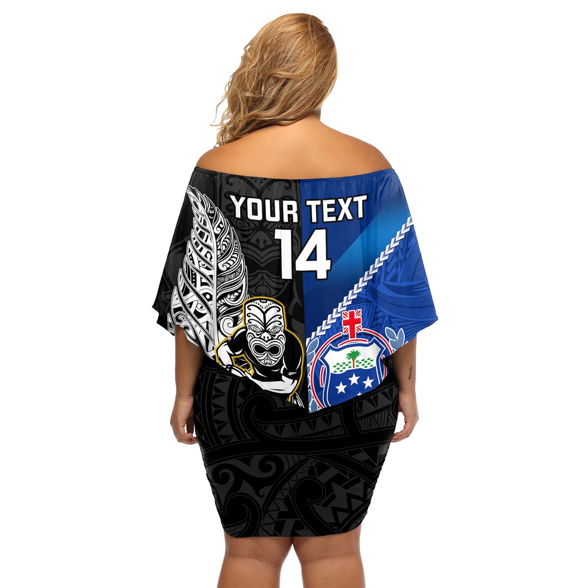 Custom New Zealand And Samoa Rugby Off Shoulder Short Dress All Black Tiki Fern Mix Manu Samoa 2023 World Cup LT14 - Polynesian Pride