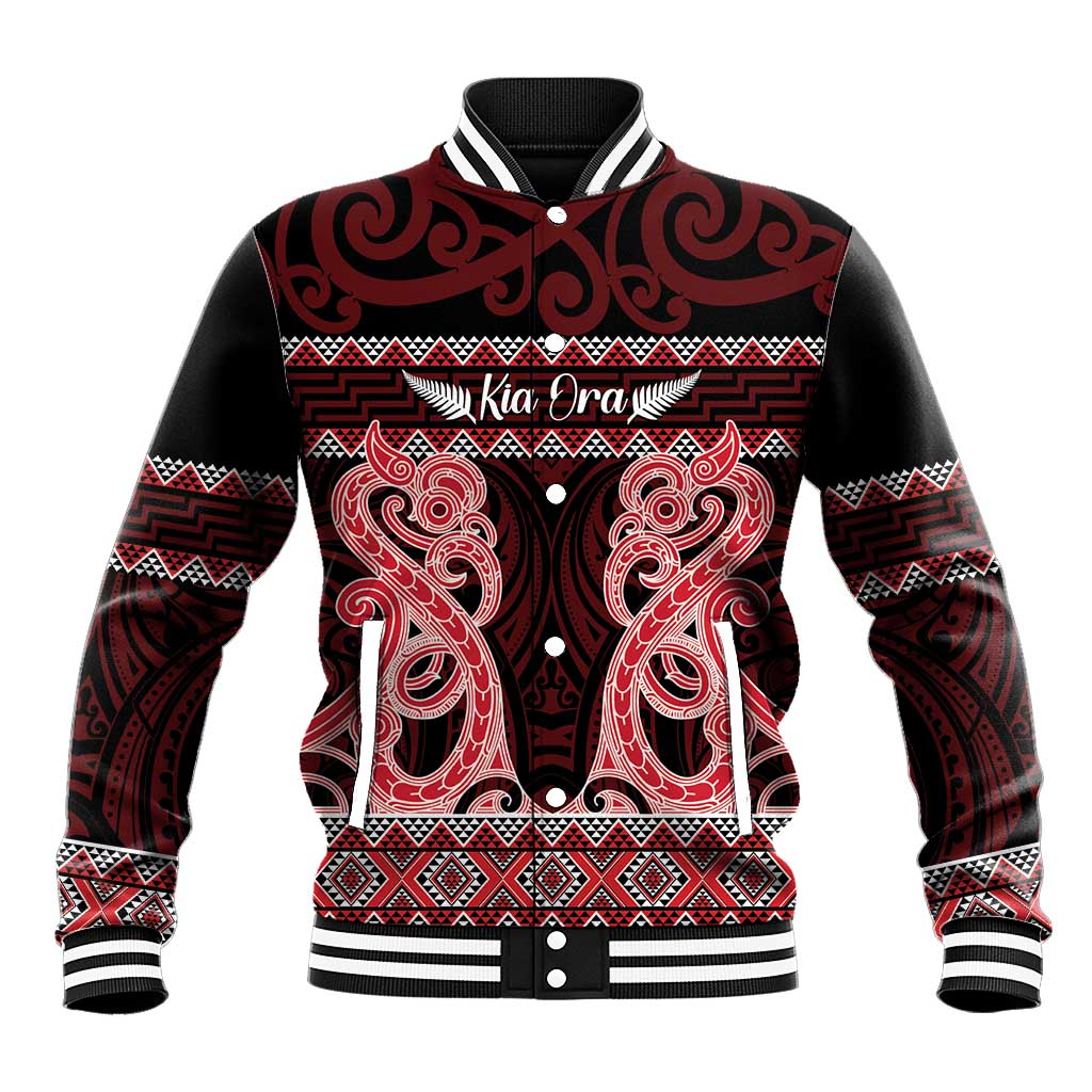 Kia Ora New Zealand Baseball Jacket Maori Language Week Whero Taniko Motif - Polynesian Pride