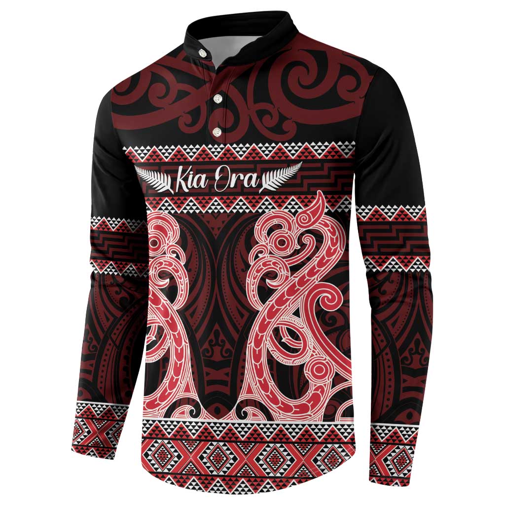 Kia Ora New Zealand Button Sweatshirt Maori Language Week Whero Taniko Motif - Polynesian Pride