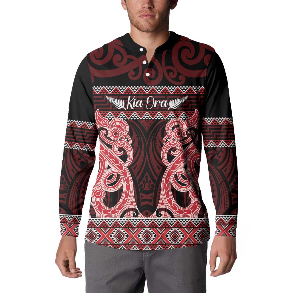 Kia Ora New Zealand Button Sweatshirt Maori Language Week Whero Taniko Motif - Polynesian Pride
