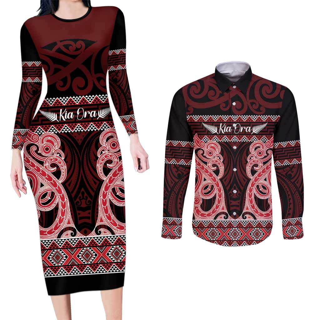 Kia Ora New Zealand Couples Matching Long Sleeve Bodycon Dress and Long Sleeve Button Shirt Maori Language Week Whero Taniko Motif - Polynesian Pride