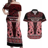 Kia Ora New Zealand Couples Matching Off Shoulder Maxi Dress and Hawaiian Shirt Maori Language Week Whero Taniko Motif - Polynesian Pride