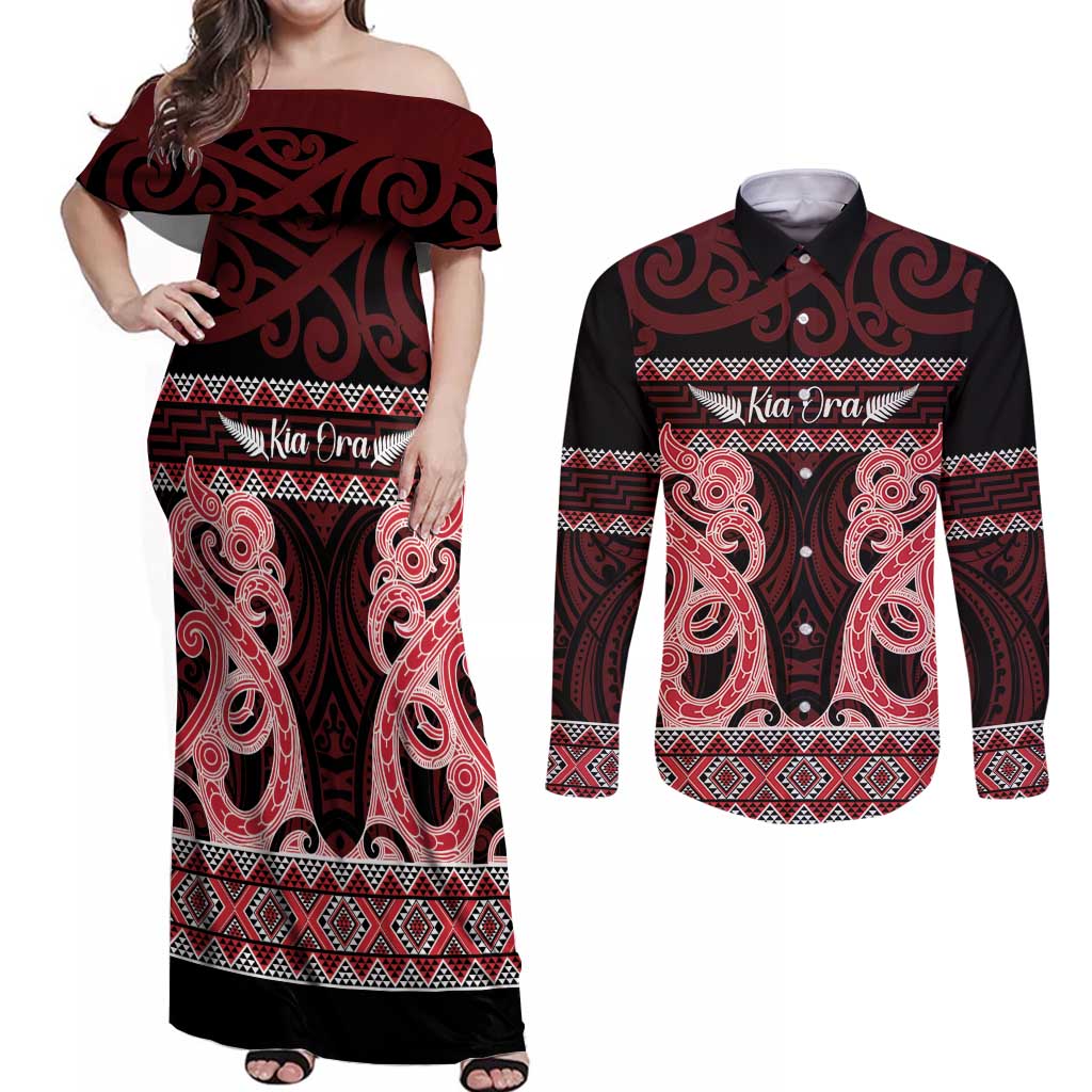 Kia Ora New Zealand Couples Matching Off Shoulder Maxi Dress and Long Sleeve Button Shirt Maori Language Week Whero Taniko Motif - Polynesian Pride