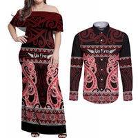 Kia Ora New Zealand Couples Matching Off Shoulder Maxi Dress and Long Sleeve Button Shirt Maori Language Week Whero Taniko Motif - Polynesian Pride