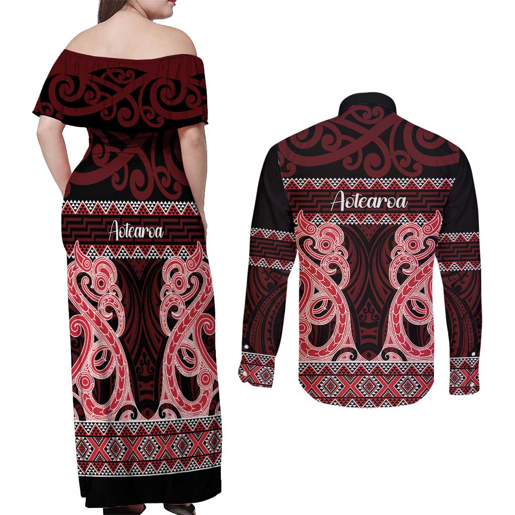 Kia Ora New Zealand Couples Matching Off Shoulder Maxi Dress and Long Sleeve Button Shirt Maori Language Week Whero Taniko Motif - Polynesian Pride