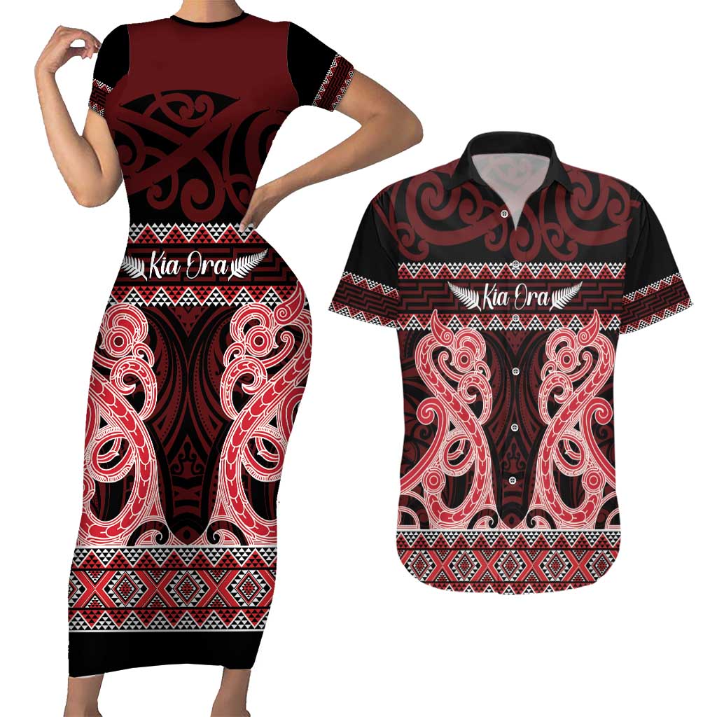 Kia Ora New Zealand Couples Matching Short Sleeve Bodycon Dress and Hawaiian Shirt Maori Language Week Whero Taniko Motif - Polynesian Pride