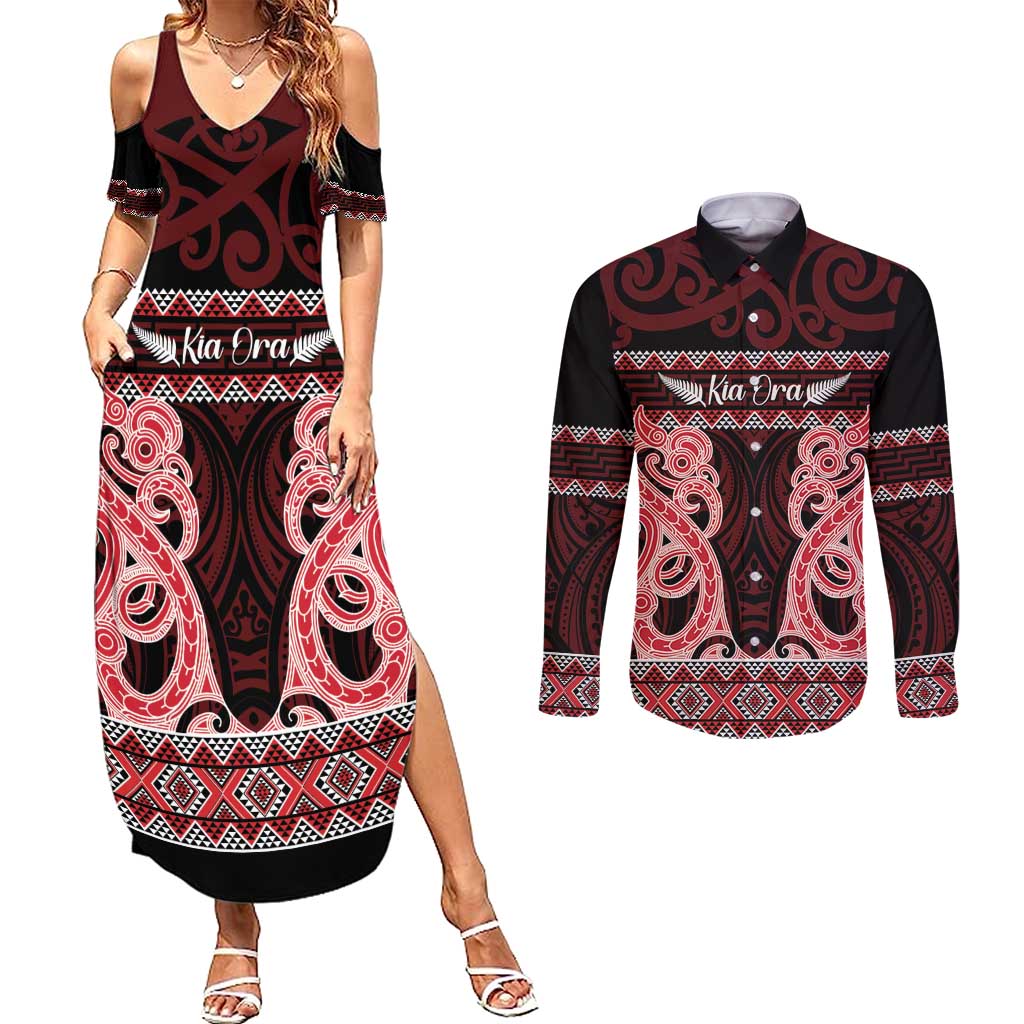 Kia Ora New Zealand Couples Matching Summer Maxi Dress and Long Sleeve Button Shirt Maori Language Week Whero Taniko Motif - Polynesian Pride