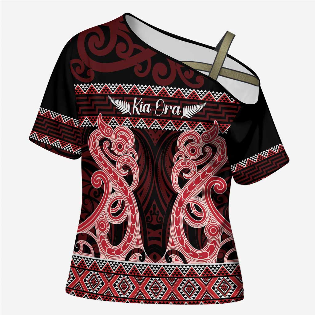 Kia Ora New Zealand Cross Shoulder Shirt Maori Language Week Whero Taniko Motif - Polynesian Pride