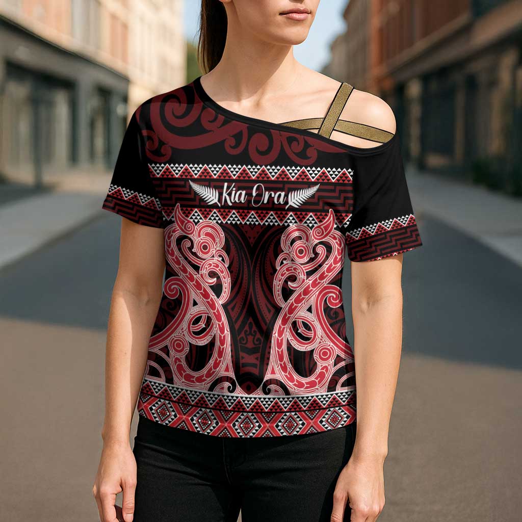 Kia Ora New Zealand Cross Shoulder Shirt Maori Language Week Whero Taniko Motif - Polynesian Pride