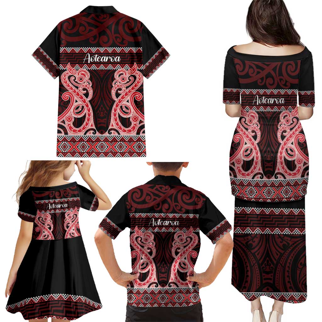 Kia Ora New Zealand Family Matching Puletasi and Hawaiian Shirt Maori Language Week Whero Taniko Motif - Polynesian Pride