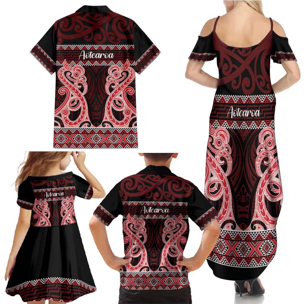 Kia Ora New Zealand Family Matching Summer Maxi Dress and Hawaiian Shirt Maori Language Week Whero Taniko Motif - Polynesian Pride