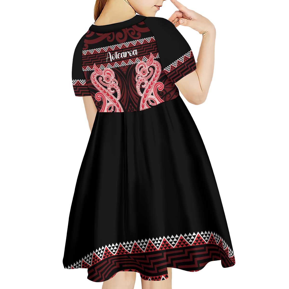 Kia Ora New Zealand Kid Short Sleeve Dress Maori Language Week Whero Taniko Motif - Polynesian Pride