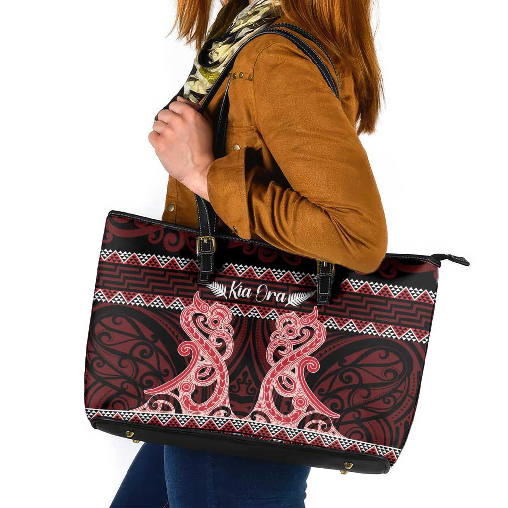 Kia Ora New Zealand Leather Tote Bag Maori Language Week Whero Taniko Motif - Polynesian Pride