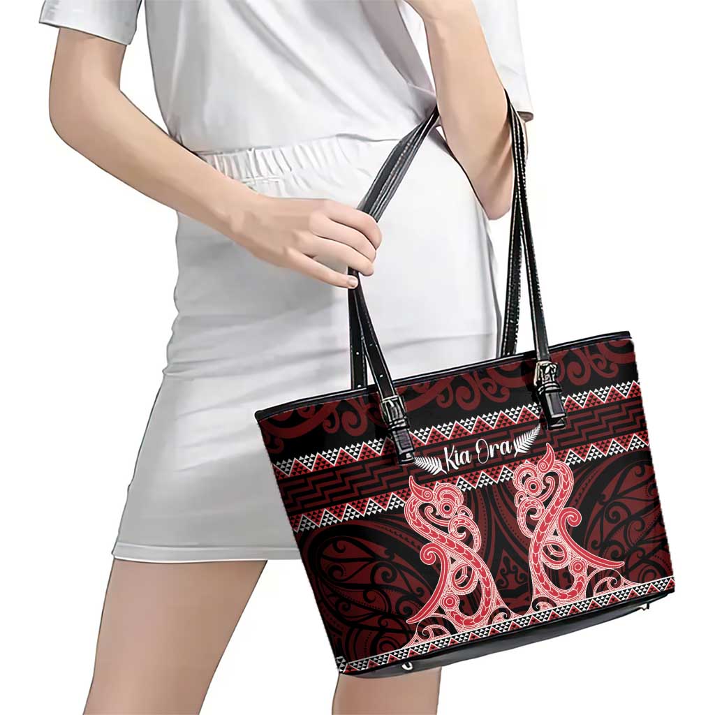 Kia Ora New Zealand Leather Tote Bag Maori Language Week Whero Taniko Motif - Polynesian Pride