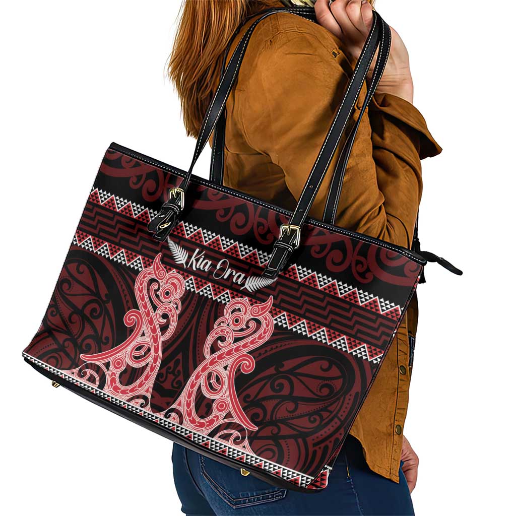 Kia Ora New Zealand Leather Tote Bag Maori Language Week Whero Taniko Motif - Polynesian Pride