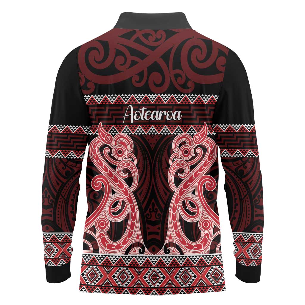 Kia Ora New Zealand Long Sleeve Polo Shirt Maori Language Week Whero Taniko Motif - Polynesian Pride